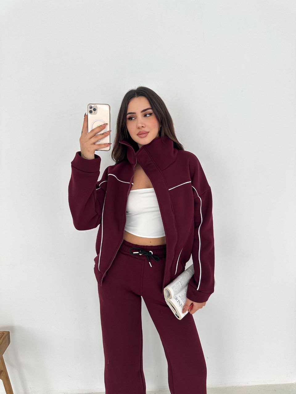 DİK YAKA FERMUARLI ÜÇ İPLİK ŞARDONLU TAKIM